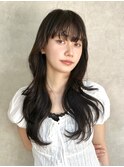 ワンホンレイヤーくびれ巻きダークブラウンぱつっとバング