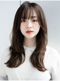 切りっぱなしボブ美髪エアリーロングピンクブラウン薄めバング