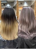 バレイヤージュ、ハイライト、レイヤーロング、グレーベージュ
