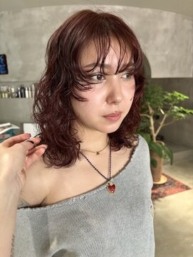 ハウ 心斎橋(how) ピンクチェリーレッド大人可愛い小顔カット夏レイヤー艶感