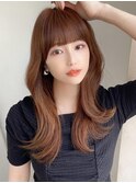 シャギーレイヤーロング韓国ワンホンヘアシースルーぱっつん前髪