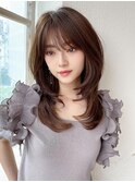 シャギーレイヤー韓国ワンホンヘアシースルーぱっつん前髪