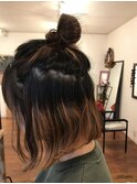お団子ハーフアップ　＃インナーカラー　＃ブリーチ