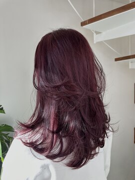 ピークスヘア(peaks hair) レイヤーカットハイレイヤーボルドーレッドチェリーブラウン堀江