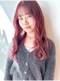 ハイトーンピンク ゆる巻きロング ダブルカラー 20代