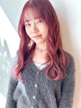 ハイトーンピンク ゆる巻きロング ダブルカラー 20代