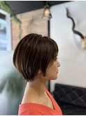 やわらかミディアムワンカールパーマカーキグレージュ前髪錦糸町