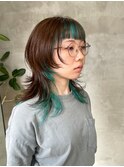 インナーカラーグリーンカラーレイヤーウルフペールグリーン