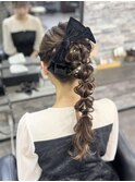 編みおろしポニー×ベロアリボン