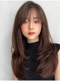 小顔ワンカールくびれヘアアプリコットオレンジレイヤーカット