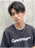 ニュアンスパーマブルーブラック韓国マッシュアップバングメンズ