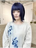 ネイビーブルーボブウルフ外ハネボブ顔周りレイヤーカット