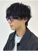 シャドウパーマ_ブルーブラック刈り上げセンターパートMEN'SHAIR