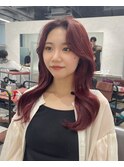 くびれヘア赤髪ロング韓国レイヤー