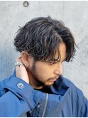 メンズツーブロックマッシュ束感ショート波巻きスパイラルパーマ