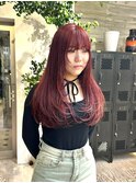 レッドカラー暖色カラー赤髪ダブルカラーレイヤーぱっつん前髪
