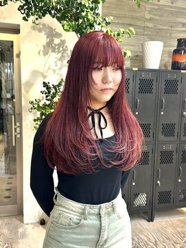 ヲタク(wotaku.) レッドカラー暖色カラー赤髪ダブルカラーレイヤーぱっつん前髪