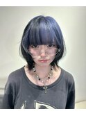 12320黒髪ツートンカラーレイヤーボブブルーカラーぱっつん前髪