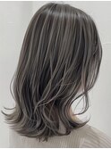 デザインカラーレイヤーカットウェットヘアオリーブベージュ白髪