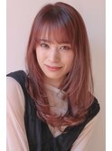 ロング顔周りレイヤー内巻きワンカール透明感ブリーチピンク