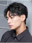 渋谷フェザーパーマメンズカットセンターパートオールバック30代