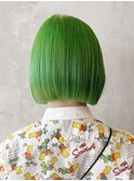 ボブ黄緑_チェリーブラウンフェミニンロング_ba395242