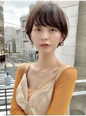 前髪あり小顔くせ毛カバーベージュカラー丸みショートボブヘア