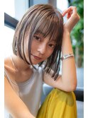 大人かわいい小顔前下がりボブ☆ハイライトカラー×グレージュ