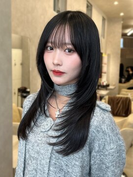 オムニス 表参道(Omnis) 暗髪美髪ざくざくレイヤーハッシュカットワンカールレイヤー黒髪