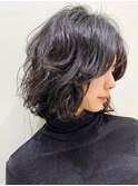 くせ毛ボブ/レイヤーカット/癖毛クセ毛黒髪/大人ヘア/パーマ風
