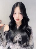 顔周りレイヤー韓国ヘアロング暗めカラー_F40786