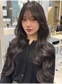 韓国ヘアロングレイヤーカット顔周りカットグレージュ前髪原宿