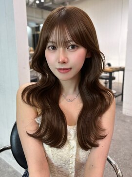 暗めカラー顔周りレイヤーロング韓国ヘア_F1074