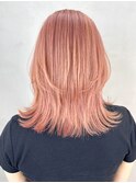オレンジベージュ_ピンクブラウン切りっぱなしボブ_ba481621