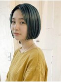 暗髪に映えるグリーンハイライト＊ツヤボブ