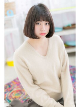 ミック ヘアアンドメイク アップ 駒込店(miq Hair&Make up) 黒髪ダークアッシュ切りっぱなし小顔ロングボブ