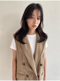 くびれヘアアプリコットオレンジハイライトカラーセミロング