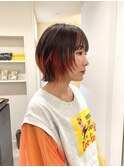 ウルフボブ/顔周りレイヤー/オレンジイヤリングカラー