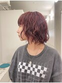 ミディボブパーマ×レッドカラー