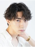 緩めツイストスパイラルパーマウルフセンターパート七三分け長め