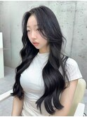 美髪カールアッシュグレー韓国レイヤーロングセミディ顔周り前髪