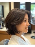 ナチュラルブラウンハッシュボブ×ラウンドバング/松戸/五香/柏