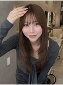 小顔シースルー前髪暗髪ブラウンカラー韓国レイヤーカットロング