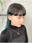 インナーカラー　ブルーグリーン　ターコイズ　ワイドバング
