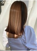 柔らかベージュ 切りっぱなしミディ 髪質改善カラー