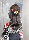 卒業式袴着付けツヤ髪ハーフアップアレンジ　着物ヘア