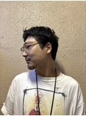 フェザーパーマグレーブルーカラー刈り上げショートバング
