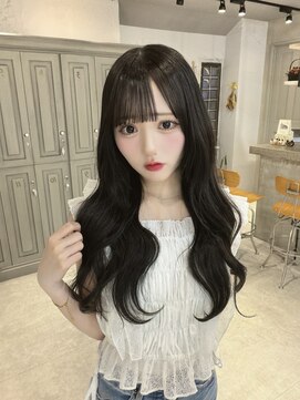 カシュカシュ 表参道(cache cache) ブリーチなし透明感オリーブグレージュカラーぱっつん前髪顔周り