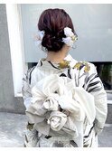 ヘコ帯を使った華やか可愛い浴衣着付け　ミディアムヘアセット