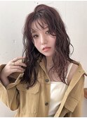 暖色カラーブリーチなしカシスブラウンゆるふわウェーブ巻き